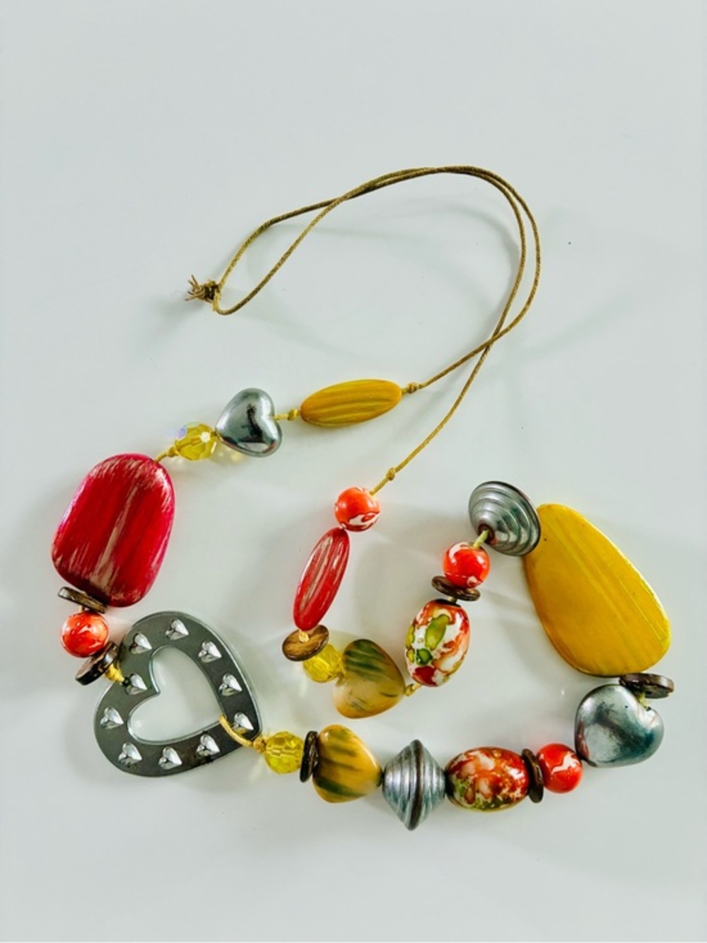 Handcrafted Multicolor Puffy Heart Pendant Beaded Necklace - Yellow Red Silver